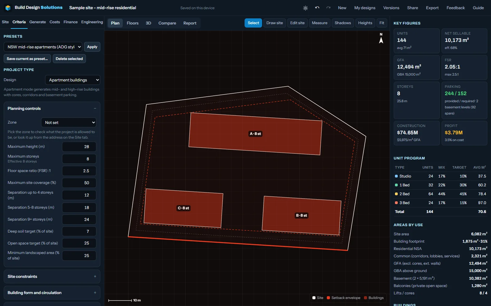 Criteria tab: planning controls, typologies, unit mix and parking rates