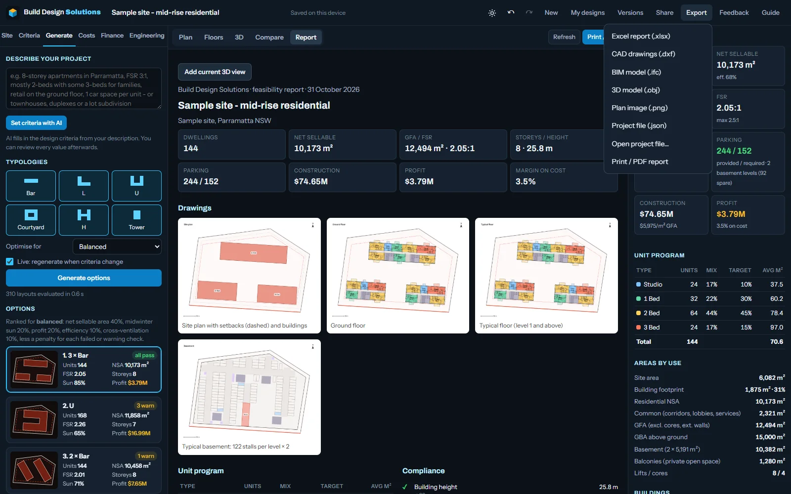 The Report view with the export menu open: Excel report, CAD drawings, BIM model, 3D model, plan image and PDF