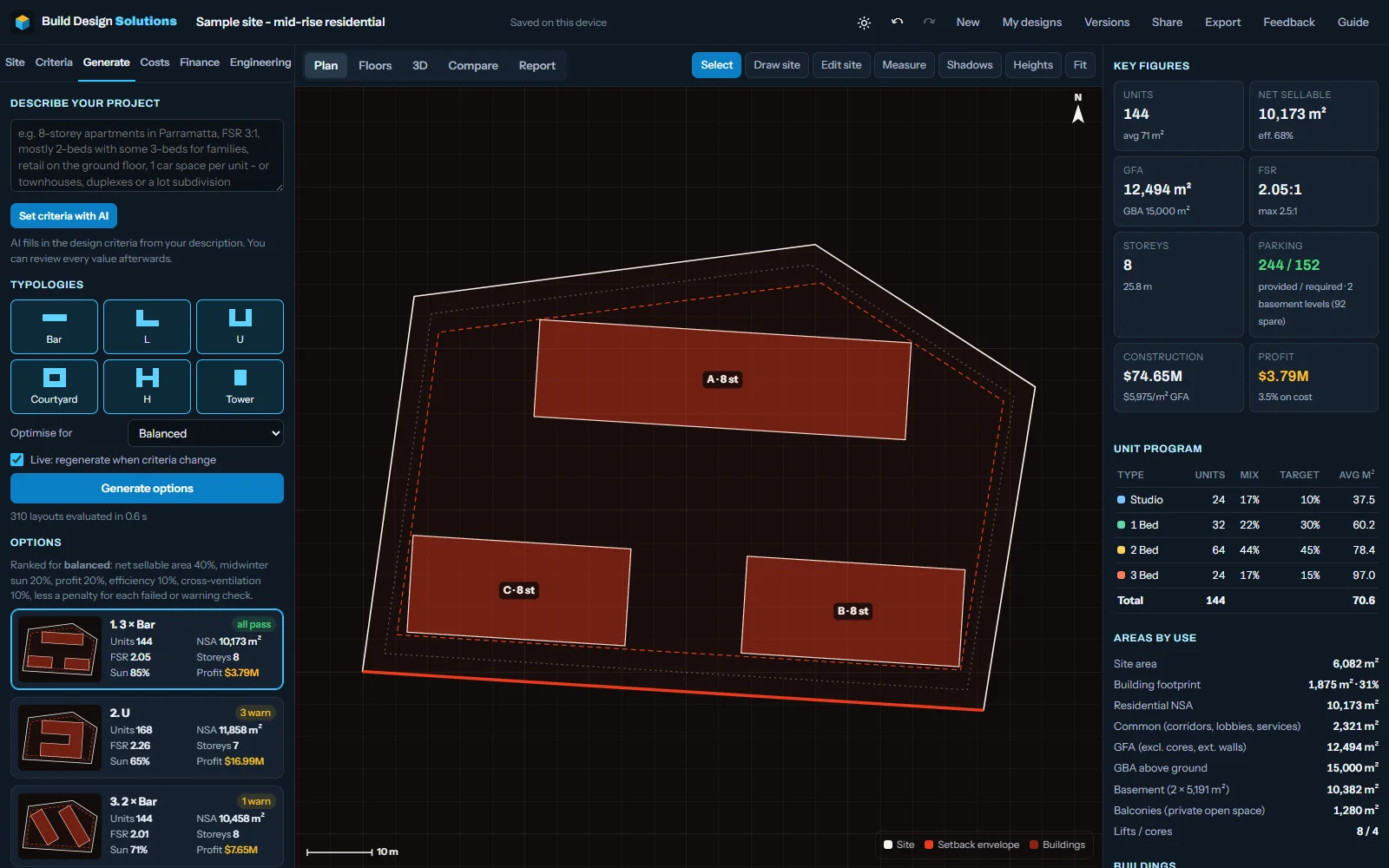 Generate tab: the ranked options gallery with units, FSR, storeys, sun and profit for each
