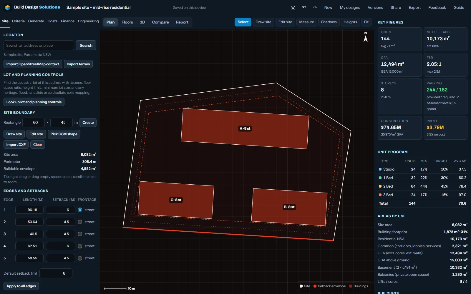 Site tab: the address search, the cadastral lot and planning controls, and the boundary with setbacks on the plan