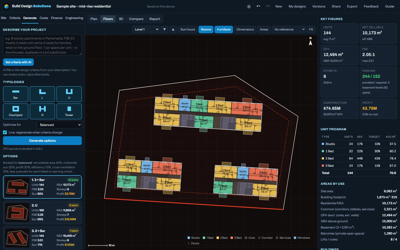 Floors view: a typical floor with lift and stair cores, corridors and apartments coloured by type, each with rooms, furniture, windows and doors